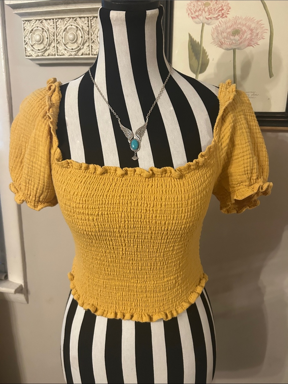 Hem & Thread Mustard Smocked Puff-Sleeve Crop Top - Women